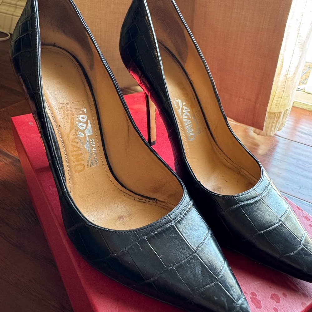 Salvatore Ferragamo Black Croc-Embossed Pumps